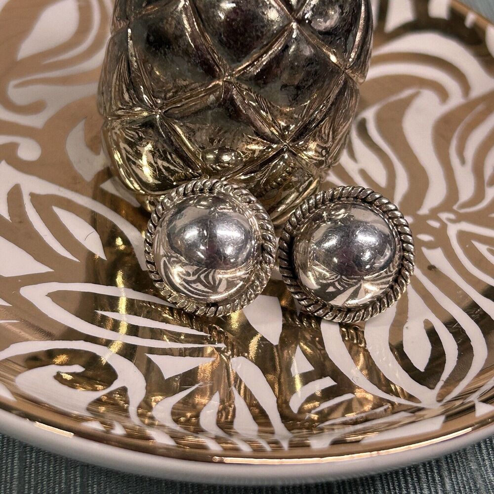 925 Sterling Silver Earrings Vintage Mexico Twisted Rope Frame Hemisphere Signed